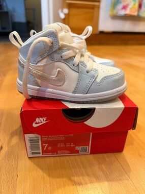 Nike Kids White and Light Blue High-Top Sneakers with Iridescent Swoosh